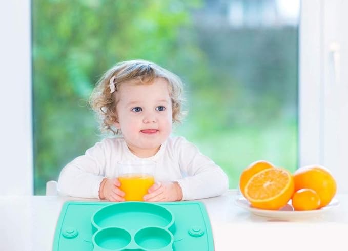 Silicone Divided Toddler Plates - Portable Non Slip Suction Plates Placemat for Children Babies and Kids BPA Free Baby Dinner Plate Bowl (Owl-Cyan)
