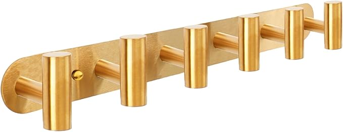 Coat Hook Rack, Wall Mounted Coat Rack with 6 Hooks, Heavy Duty Towel Hooks Rack Wall Hooks for Hanging Clothes Jacket Purse, Stainless Steel Coat Hanger for Bathroom Entryway Mudroom(Gold)