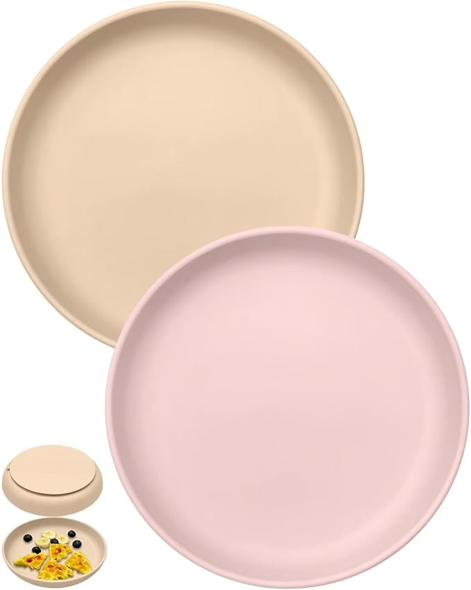 Toddler Plates with Suction 2 Pcs, BPA Free Silicone Suction Plates for Baby Toddler Kids, Baby Dinner Dishes Stick & Stay, Microwave & Dishwasher Safe