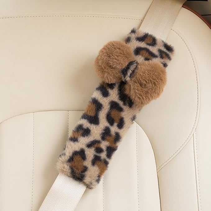 2 Pack Seat Belt Cover Pad, Cute Kawaii Leopard Print Bow Tie Seatbelt Covers Seatbelt Shoulder for More Comfortable Driving, Plush Fluffy Soft Seat Belt Cover, Car Seats Accessories, 02