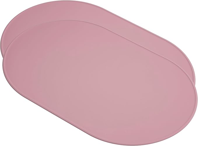 LINE+ARC Waterproof, Stain-Resistant, Heat-Safe Silicone Degrē Placemats (20.5x13, Set of 2 Rose) 3mm-High Rim Adults Babies Easy-to-Clean Washable Oval Modern Non-Slip Dining Table Mats