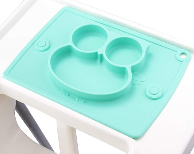Silicone Divided Toddler Plates - Portable Non Slip Suction Plates Placemat for Children Babies and Kids BPA Free Baby Dinner Plate Bowl (Owl-Cyan)