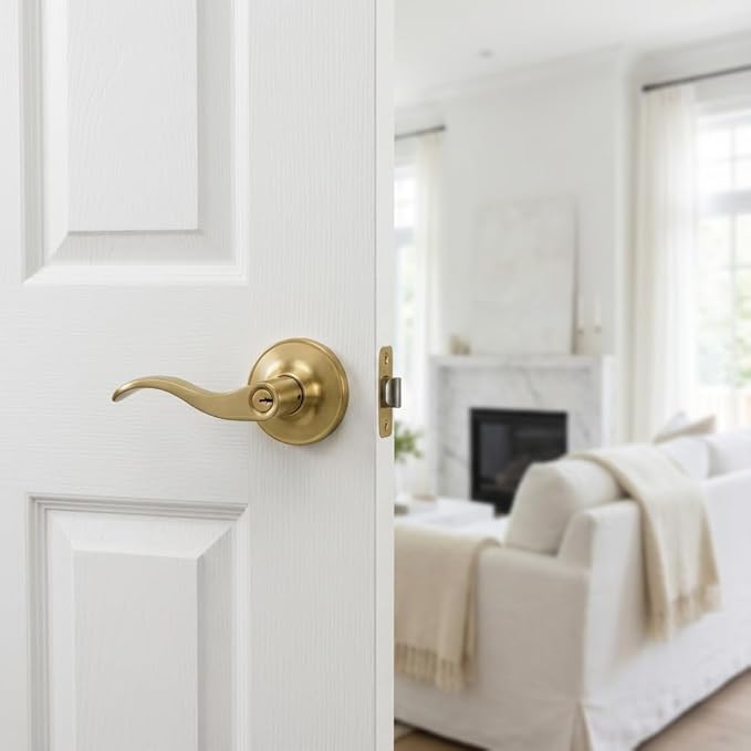 1 Pack of HENYIN Wave Lever Keyed Entry Door Lock/Door Knob Hardware Handle and Closet Lockset, Gold Color, with Key,Left Hand(805-G-L)