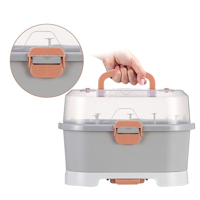 Zdolmy Baby Bottle Drying Rack Storage, Large Nursing Bottle Storage Box Organizer with Cover, Portable Kitchen Cabinet Organizer, Easy to Clean Drainer, Grey