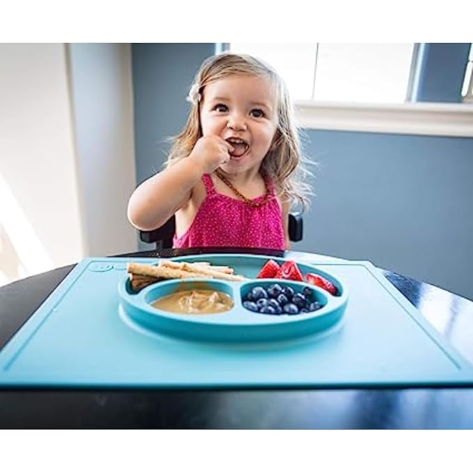 ezpz Happy Mat - 24 Months+ (Indigo) - 100% Silicone Suction Plate with Built-in Placemat for Toddlers + Preschoolers - Divided Toddler Plates - Toddler Essentials