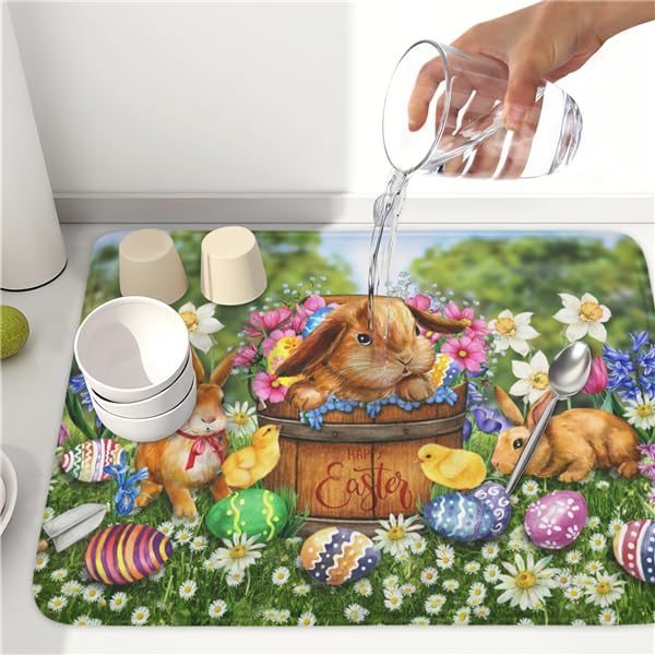 Easter Bunnies Eggs Dish Drying Mat for Kitchen Counter,Spring Colorful Flowers Drying Mat 18 x 24 Inch with High Absorbent Microfiber Drainer Mat for Coffee Bar
