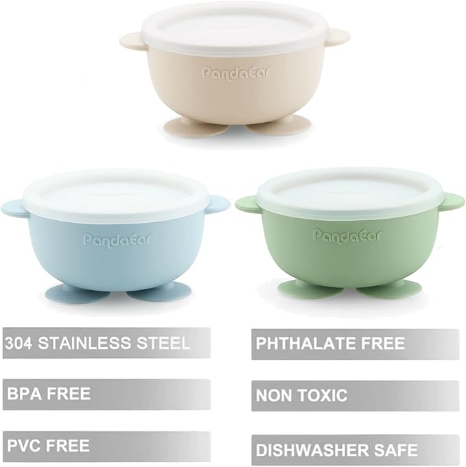 PandaEar 3 Pack Stainless Steel Baby Suction Bowls, Non-Slip Child Food Bowl with Silicone Sleeve for Kids Toddlers Infants, Unbreakable & Mess Free (Blue Green Beige, With Lids)