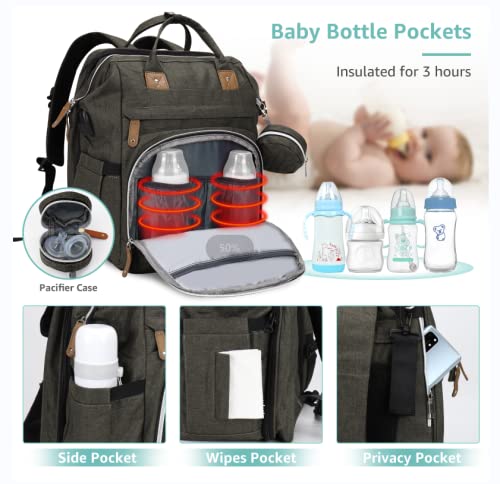 DERJUNSTAR Baby Diaper Bag Backpack with Changing Station Large Capacity Baby Bag for Boys & Girls, USB Charging Port, Pacifier Case, Sunshade & Toy Bar, Waterproof, Forest