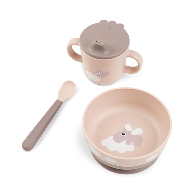 Done by Deer Foodie First Meal Set with Suction Base – Bowl, 2-Handle Spout Cup & Spoon – Happy Clouds Design in Powder – Baby Feeding Set for New Eaters – Dishwasher & Microwave Safe