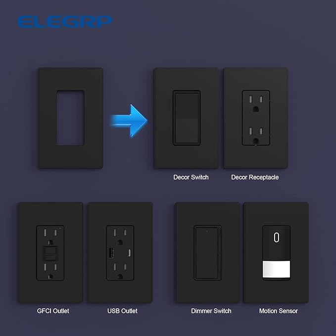 ELEGRP 1 Gang Screwless Decorative Wall Plates, Mid-Size Unbreakable Thermoplastic Faceplate Cover for Decorator Receptacle Outlet Switch, UL Listed (5 Pack, Matte Black)