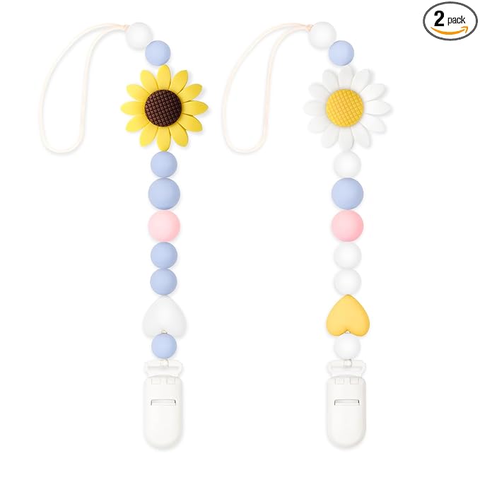 Silicone Pacifier Clip, 2 Pack Pacifier Holder for Boys and Girls, Adorable Sunflower Pacifier Clips Fits for Most Pacifier, Baby Teethers, Baby Shower and Baby Gift(White&Yellow)