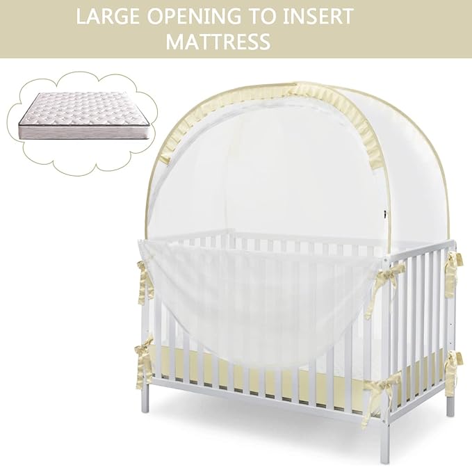 L RUNNZER Baby Safety Crib Tent, Pop Up Canopy for Crib to Stop Baby from Climbing Out, Infant Mesh Cover Mosquito Net with Sturdy Frame & Soft Mesh, Beige, (R07-beige)