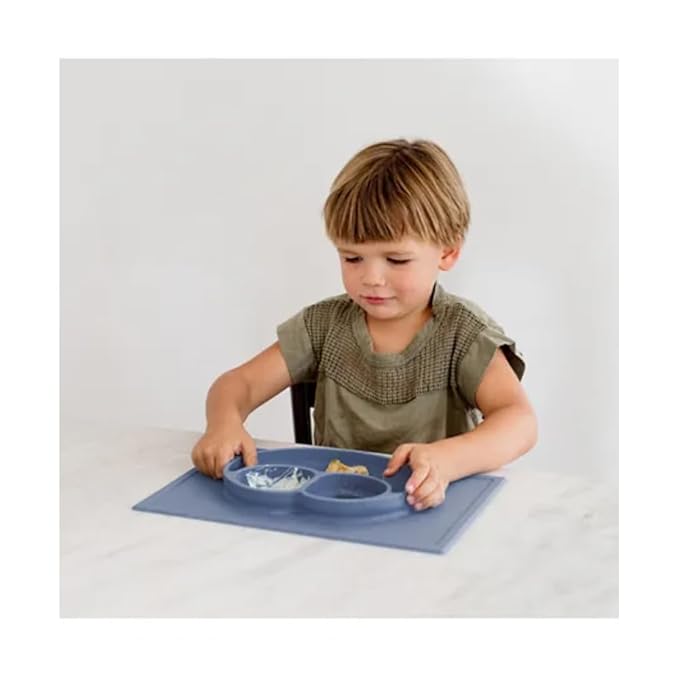 ezpz Happy Mat - 24 Months+ (Indigo) - 100% Silicone Suction Plate with Built-in Placemat for Toddlers + Preschoolers - Divided Toddler Plates - Toddler Essentials