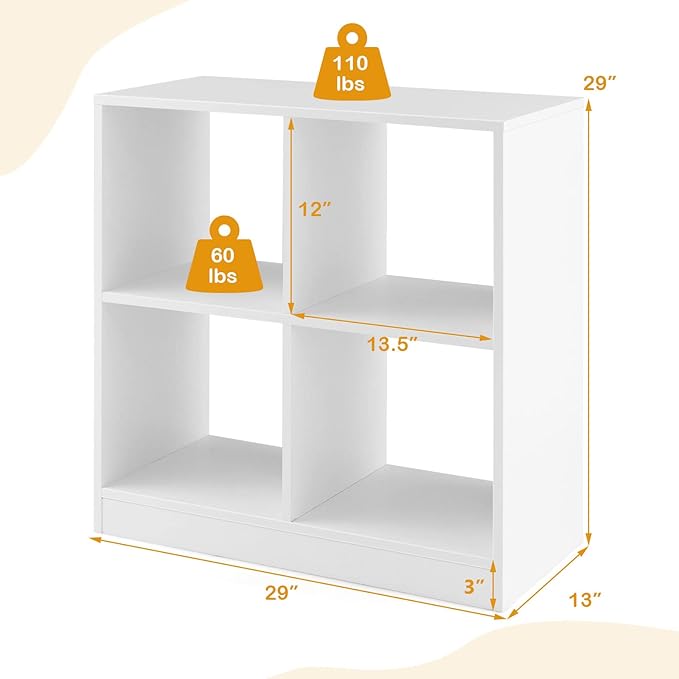 Costzon Toy Organizers and Storage, Wooden White 4-Cube Kids Bookcase for Books Toys Display Organization, Toddler Bookshelf for Bedroom, Living Room, Nursery, Playroom