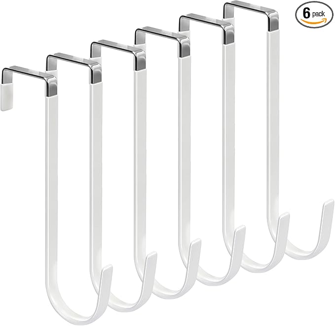 FYY Over the Door Hooks, 6 Pack Upgraded Long Door Hangers Hooks with Rubber Prevent Scratches Heavy Duty Organizer Hooks for Hanging Clothes, Towels, Hats, Coats, Bags White