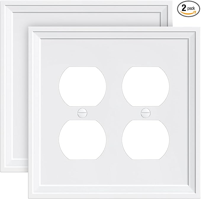 2-Pack Double Duplex Outlet Cover, Natural Bamboo Fiber Switch Plates and Outlet Covers, White Decorative Wall Plates for Electrical Outlets, 2 Gang Receptacle Cover, Corrosion Resistant