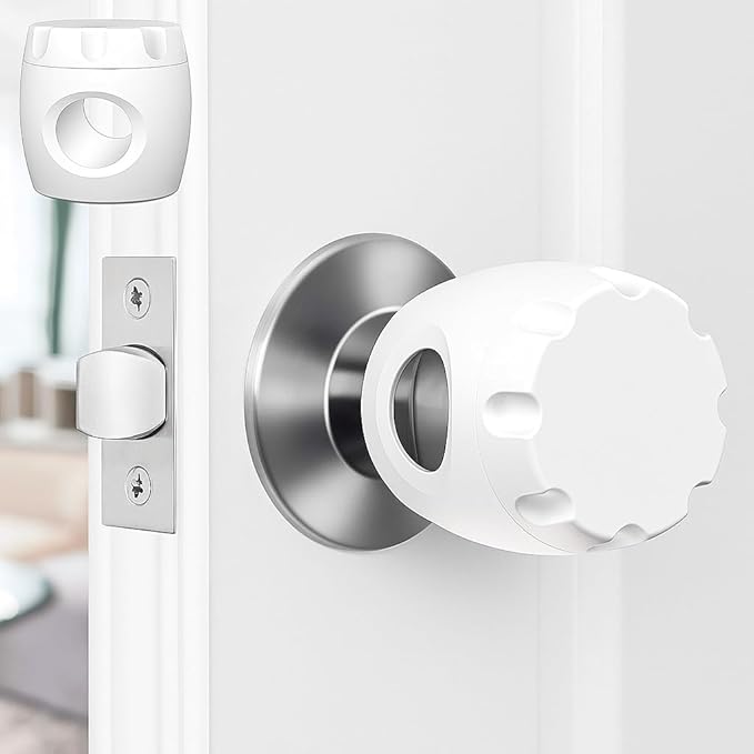 Child Proof Door Knob Covers (4 Pack), Dual-Lock Baby Safety Locks for Toddlers, Easy Install, Durable & Non-Toxic, Fits Standard Round Knobs