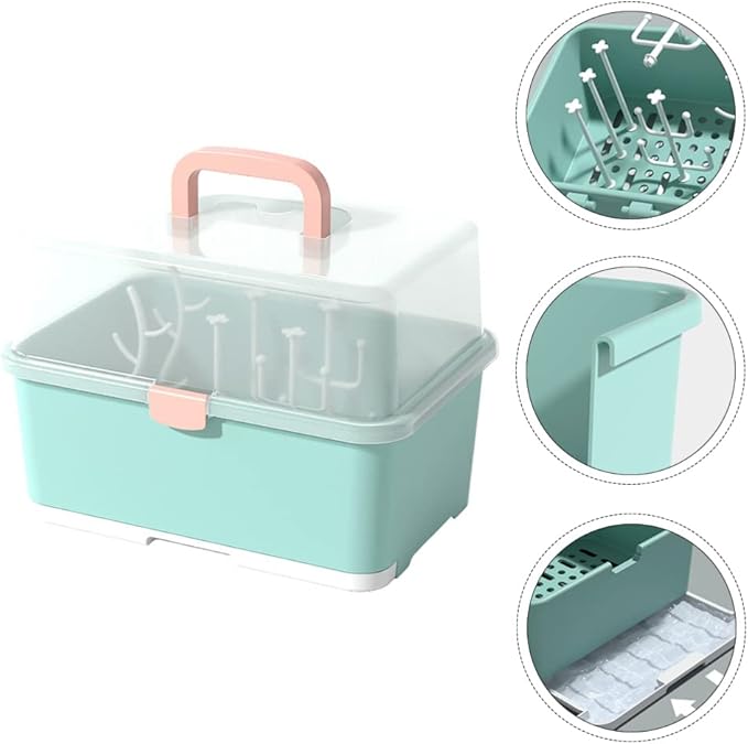 Toyvian Large Capacity Baby Bottle Storage Box with Lid and Handle Portable Drying Rack Organizer for Bottles and Cups 11.4X9X8.7 Inches for Home and Travel