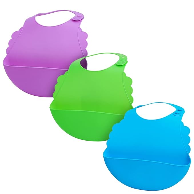 Aricsen 7 Pack Silicone Baby Bibs for Babies & Toddlers (6-72 Months), Plastic Adjustable Fit Waterproof Feeding, Easy Wipe Clean, Soft, Unisex, Pouch Non Messy Boys Girls Eating Drink (7 Colors)