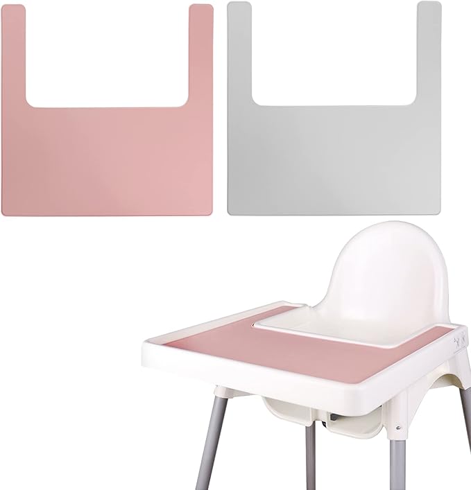 High Chair Placemat, Long Lasting High Chair Placemat Silicone, 2-Piece Set, Can Be Used Interchangeably, Suitable for IKEA Antilop Highchai, for Toddlers and Babies (Pink/Grey)
