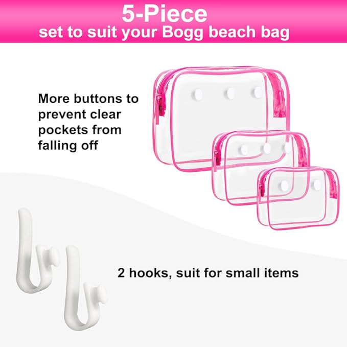 3 Packs Clear Bogg Beach Tote Bag with 2 Pack Insert Hooks Accessories for Bogg Bags Travel Makeup Clean Toiletry Brush Organizer Cosmetic Divider Storage Inner Pouch