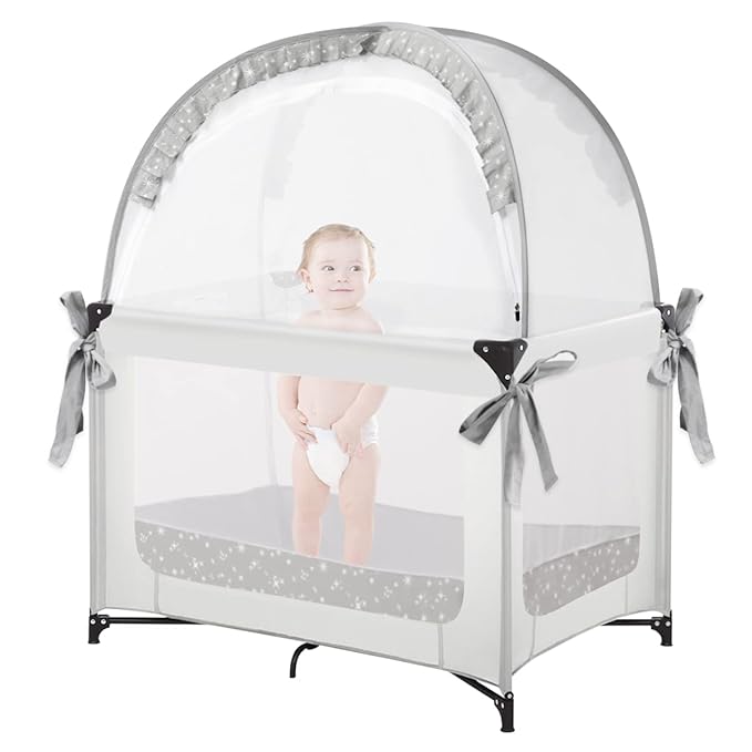 L RUNNZER Pack and Play Tent, Crib Tent to Stop Baby from Climbing Out, Baby Safety Tent Cover for Pack N Play, Mini Cribs & Playpen, Pop Up Crib Net Against Falls (39.6" L x 27.6" W x 49.2" H)