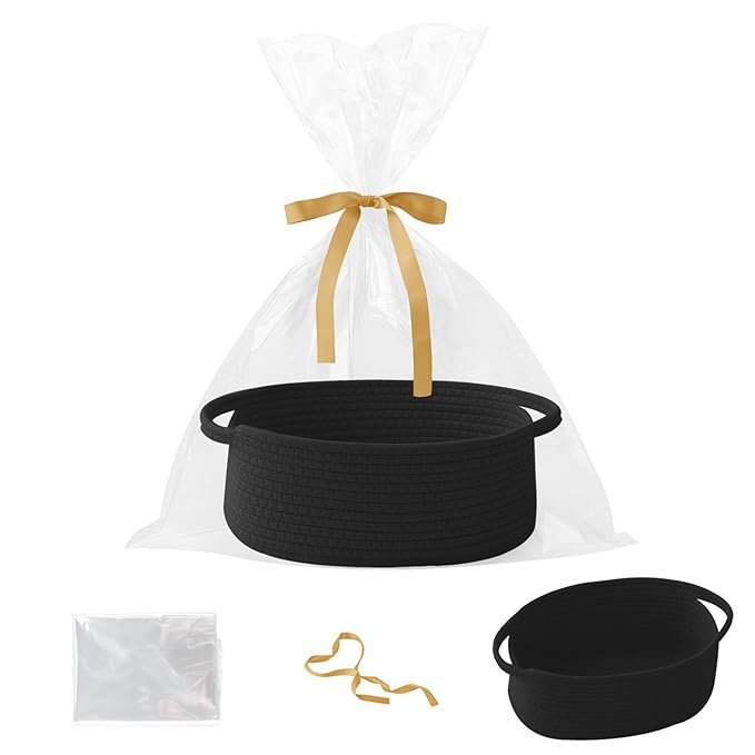 Small Woven Rope Basket-Empty Gifts Basket with Bag and Ribbons,Cute Handle Organizer Box for Birthday/Baby Shower, Toy Storage, Nursery Organizing & Shelf Decor(Black)