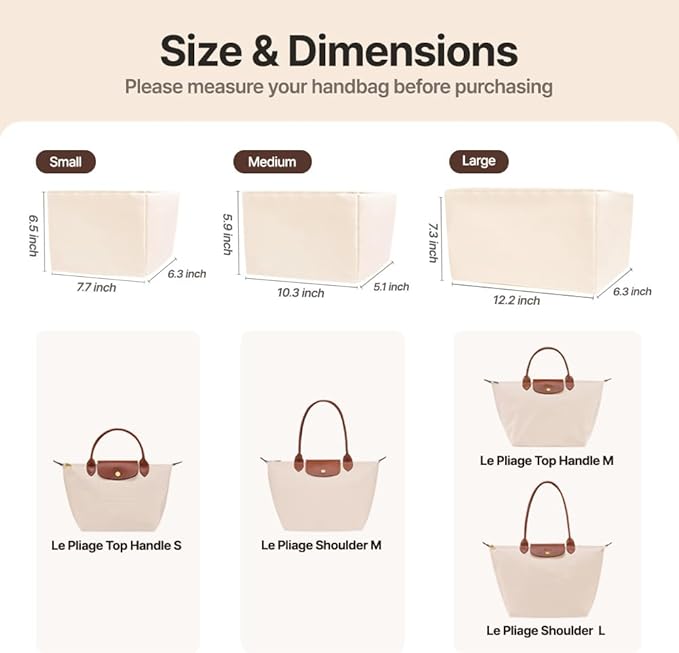 Waterproof Premium Nylon Purse Organizer Insert for Longchamp Le Pliage Tote Bag (Beige, Large)