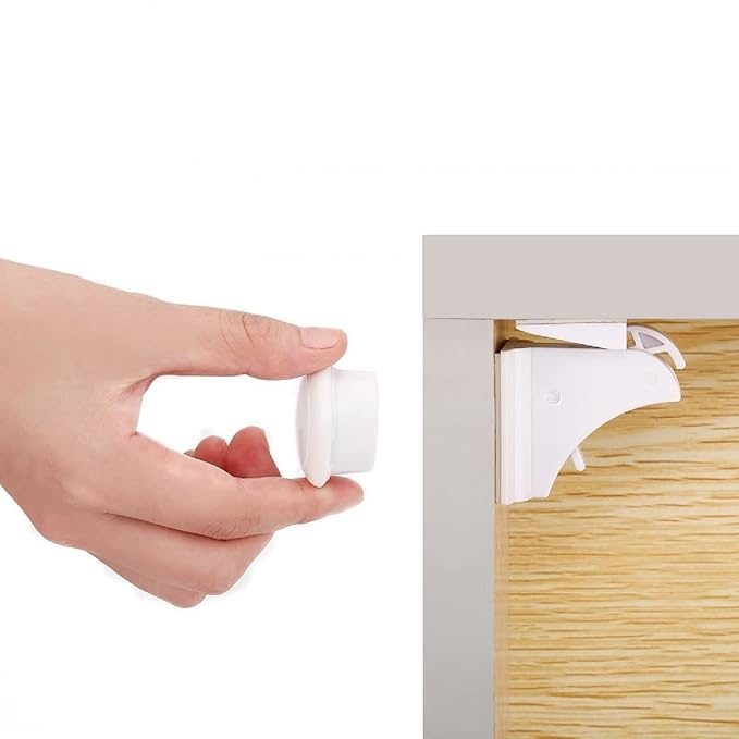 Magnetic Cabinet Locks Baby Proofing - 4 Locks & 1 Key, No Drill Adhesive Safety Latches for Cabinets & Drawers, Child Proof Lock for Kitchen, Toiletries, Strong Magnet Key to Open, Easy Installation