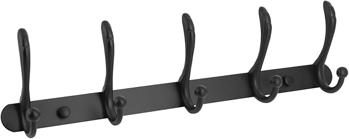 kimzcn Coat Rack Wall Mounted - 5 Tri Hooks, Heavy Duty, Metal Coat Hook Rail for Coat Hat Towel Purse Robes Mudroom Bathroom Entryway (Black)