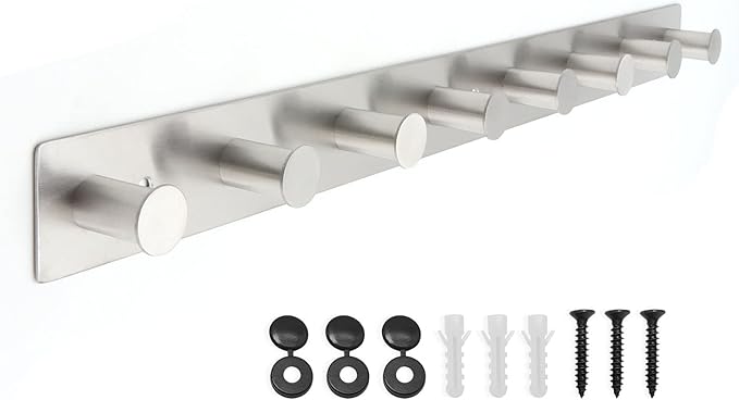 Coat Rack Wall Mounted, White Coat Hooks Screw in, Stainless Steel Door Hooks for Hanging Hat Towels Clothes, Hook Rail with 8 Round Hangers (Silver, 8 Hooks)