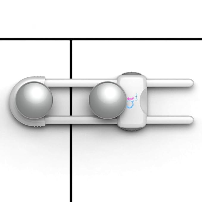 QT BABY Baby Proofing Cabinet Locks | Adjustable U Shaped Baby Safety Latches for Drawers, Fridge, Closet |Modern Baby Proofing Cabinet Lock with Extra Secure Lock Buttons (Pack of 4, White)