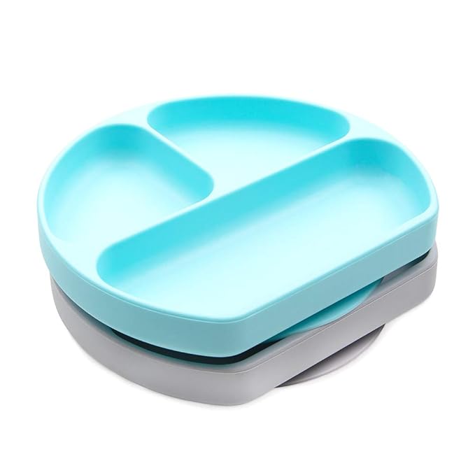 Bumkins Toddler and Baby Suction Plate, Silicone Divided Grip Dish for Babies and Kids, Baby Led Weaning, Children Feeding Supplies, Non Skid Bottom, Platinum Silicone, 6 Months Up, Gray and Blue