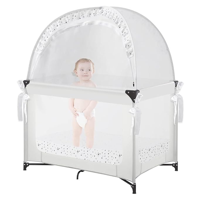 L RUNNZER Baby Pack N Play Tent, Pack and Play Canopy to Keep Baby in, Portable Crib Net for Playards, Mini Crib Tent with See Through Mesh, Easy Installation and Transportation White+stars