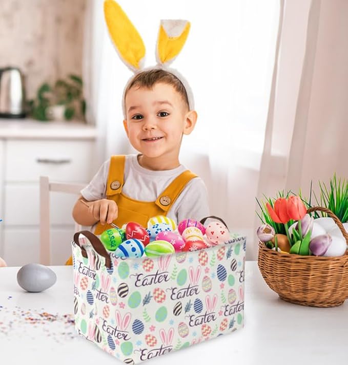 Sanjiaofen Rectangular Easter baskets , Kids Easter Basket Organizer.Cute Storage Basket with Handles.Boys and Girls,Easter Bunny Eggs Decor,Books,Easter Gifts . (Easter bunny eggs)