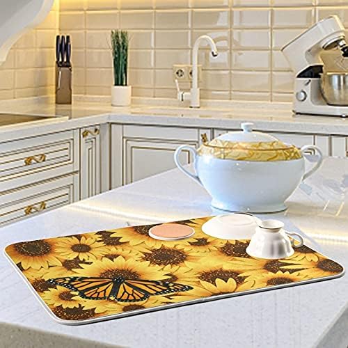 Monarch Butterfly Dish Drying Mat Large Yellow Summer Sunflower Fast Absorbent Tableware Pad Baby Bottle Rack Drainer Mats Heat Resistant Kitchen Sink Counter Decor 18x24 inches