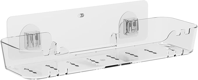 Acrylic Shower Shelf – Adhesive, No-Drill Bathroom Wall Shelf, Clear 12.2" x 3.54" x 1.77" Slim Organizer with Fast Drainage for Shower & Sink Toiletries