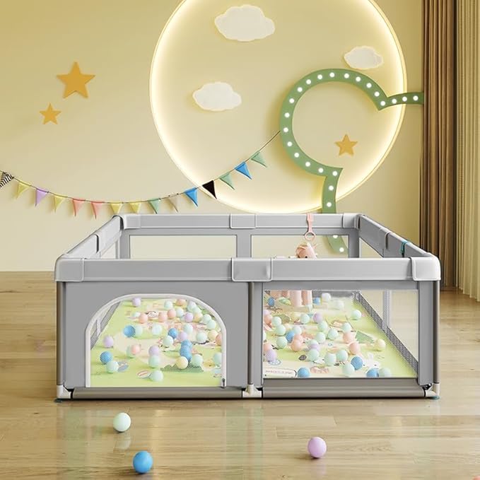 Baby Playpen, Play Pens for Babies and Toddlers, Mini Baby Fence Play Area,Safe Anti-Fall Play Yard with Gates, Small Playpen for Babies with Breathable Mesh, with Pull-Up Ring(Grey, 36" x36")