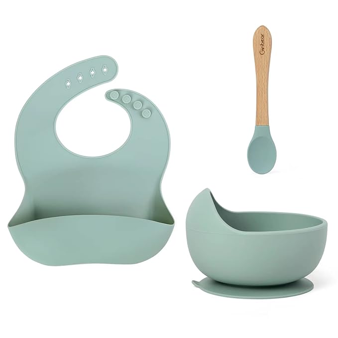 Ginbear Baby Bowls with Suction, Silicone Bibs, Self Feeding Spoons, Led Weaning Supplies, Toddler Eating Set for Ages 6 Months+ (Hazy Green)