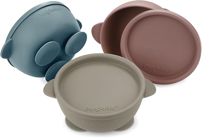 PandaEar 3 Pack Baby Suction Bowls with Lids – Stay Put Silicone Toddler Bowls for Self-Feeding & Travel, 100% Food Grade BPA-Free, Leakproof Feeding Set (Muted Earth Tones)