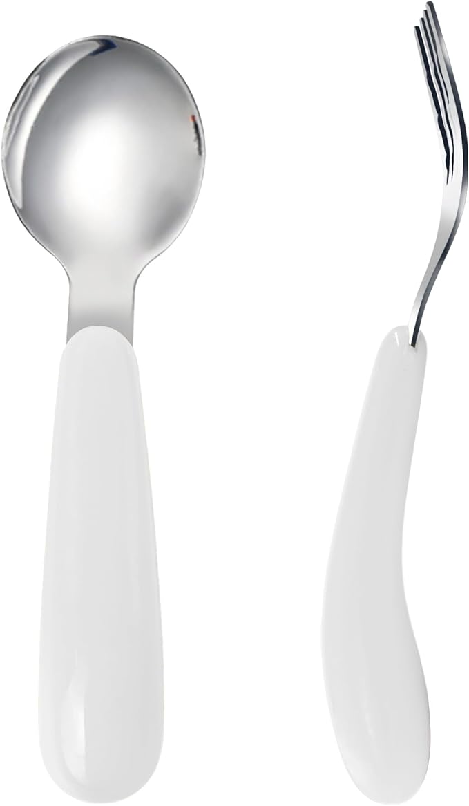 VANRA 2 Pieces Toddler Fork and Spoon Set with Travel Case 18/8 Stainless Steel Toddler Utensils Kids Silverware Children Flatware Child Cutlery Set for School Lunch Box (White)