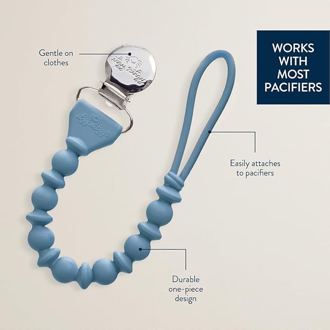 Itzy Ritzy Silicone Pacifier Clip – 100% Food Grade Silicone Pacifier Strap with Clip Keeps Pacifiers, Teethers & Small Toys in Place Features One-Piece Design & Cord (Blue)