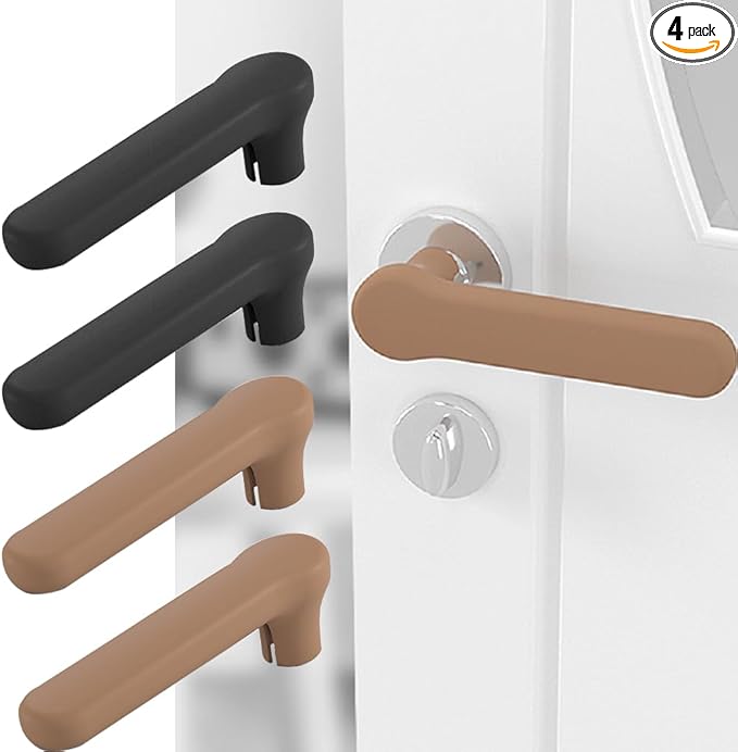 Silicone Door Handle Covers - Door Knob Covers Anti-Static Safety Door Knob Protector for Flat Square Levers 4Pcs（2 Black + 2 Brown）