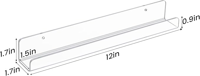 upsimples 10 Pack Clear Acrylic Shelves, 1.7" x12" Nursery Bookshelves, Small Floating Bookshelf for Kids Baby, Vinyl Wall Mount, Record Holder, Magazine Rack, Comic Display, Picture Ledge Shelf Décor