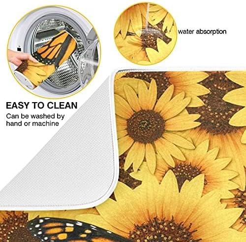 Monarch Butterfly Dish Drying Mat Small for Kitchen Counter, Fast Absorbent Sunflower Tableware Pad Baby Bottle Rack Drainer Mats Sink Decor 16x18 inches