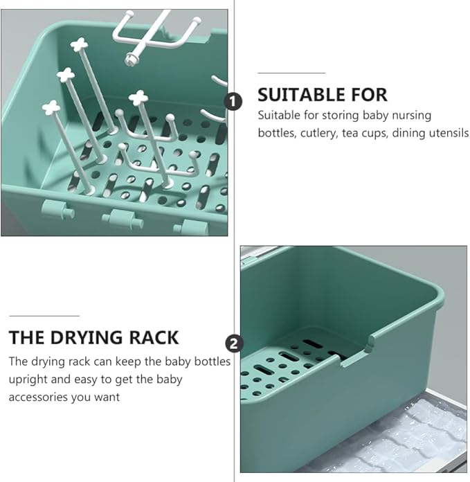 Toyvian Large Capacity Baby Bottle Storage Box with Lid and Handle Portable Drying Rack Organizer for Bottles and Cups 11.4X9X8.7 Inches for Home and Travel