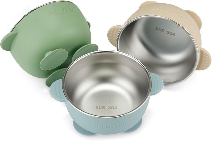 PandaEar 3 Pack Stainless Steel Baby Suction Bowls, Non-Slip Child Food Bowl with Silicone Sleeve for Kids Toddlers Infants, Unbreakable & Mess Free (Blue Green Beige)