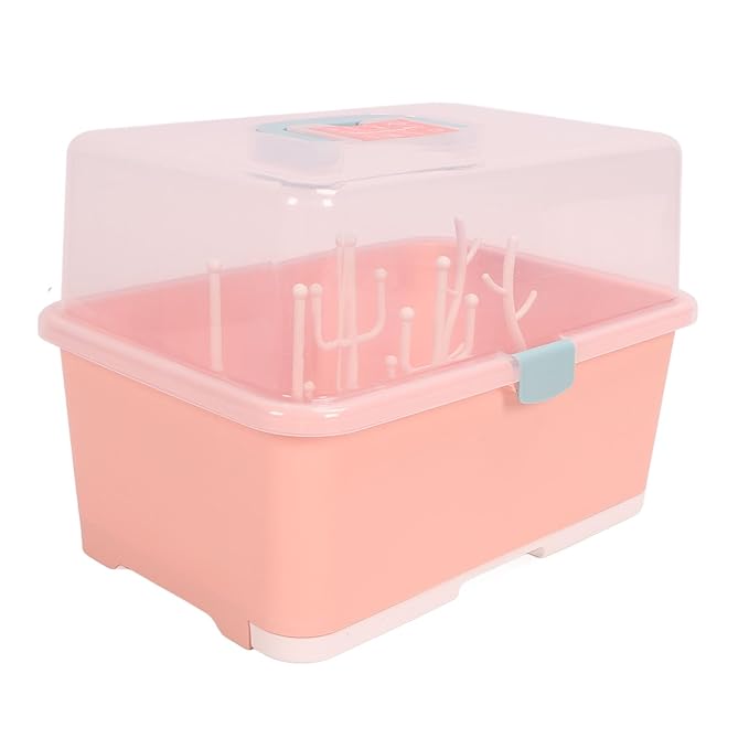 Baby Bottle Drying Storage Box, Removable PP Cover Portable Keep Dry Dust Proof 360° Seal Design Baby Bottle Drying Rack Container for Home for Baby (Implicit Pink)