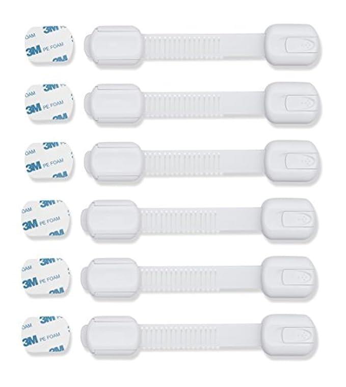 CUTESAFETY - Child Safety Cabinet Locks (6 Pack) – Adjustable Baby Proofing Strap Latches with Strong 3M Adhesive – No Drill Childproof Locks for Drawers, Cabinets, Fridge, Door, Closet, White
