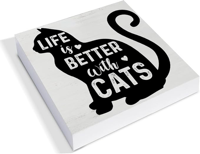 Life is Better with Cats Wood Box Sign Decor Desk Sign Cat Quote Wooden Box Block Sign Rustic Home Shelf Wall Decoration